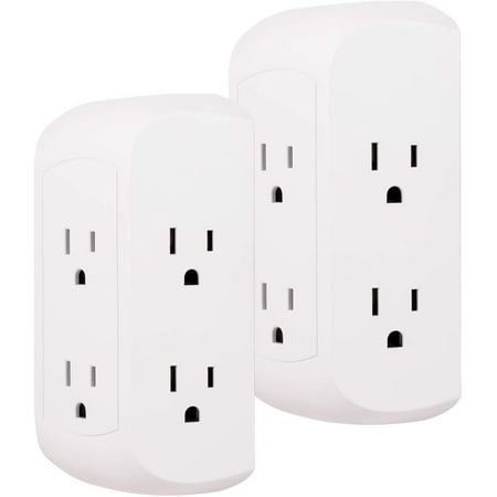 GE 6-Outlet Wall Tap, Adapter Spaced Outlets, Surge Protection, 560J White, 2 Pack