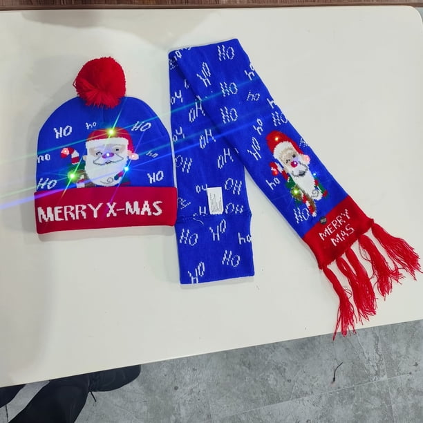 Conjunto de gorro y bufanda de punto navideño europeo y americano con luces LED de colores gorro de lana cálido para invierno