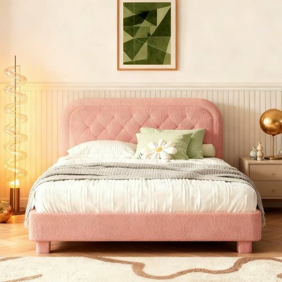 Zimtown Full Platform Upholstered Bed Frame with Soft Headboard, Wooden Mattress Foundation, Pink