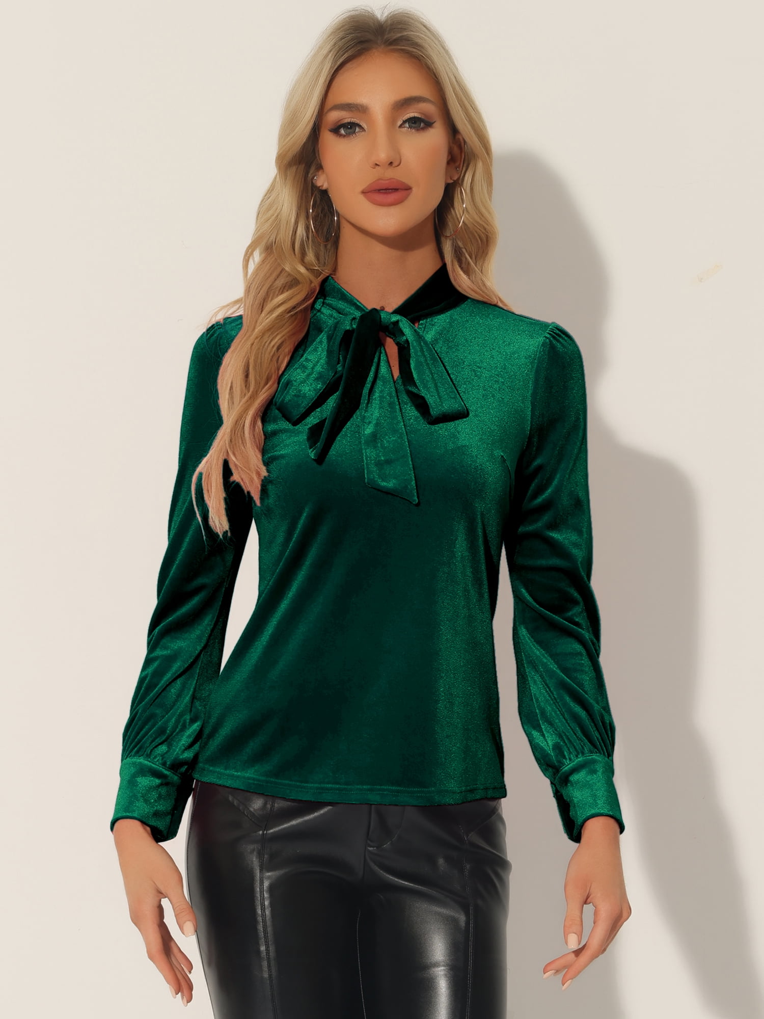 DARING DIVA Retro Velvet Long Sleeve Work Blouse Top M Dark Green