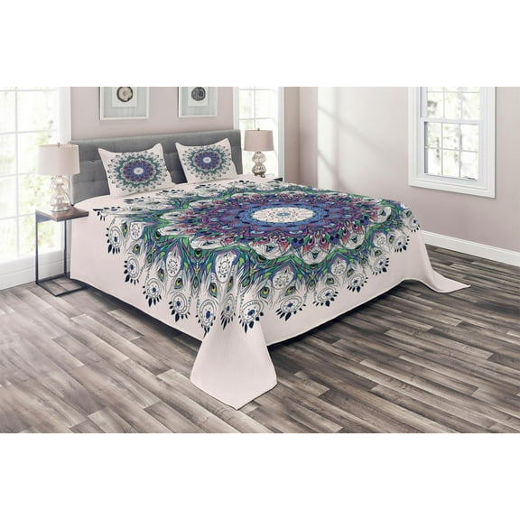 Ambesonne Mandala Quilted Coverlet 3 Pcs, Colorful Art Peacock, Queen Size, Multicolor