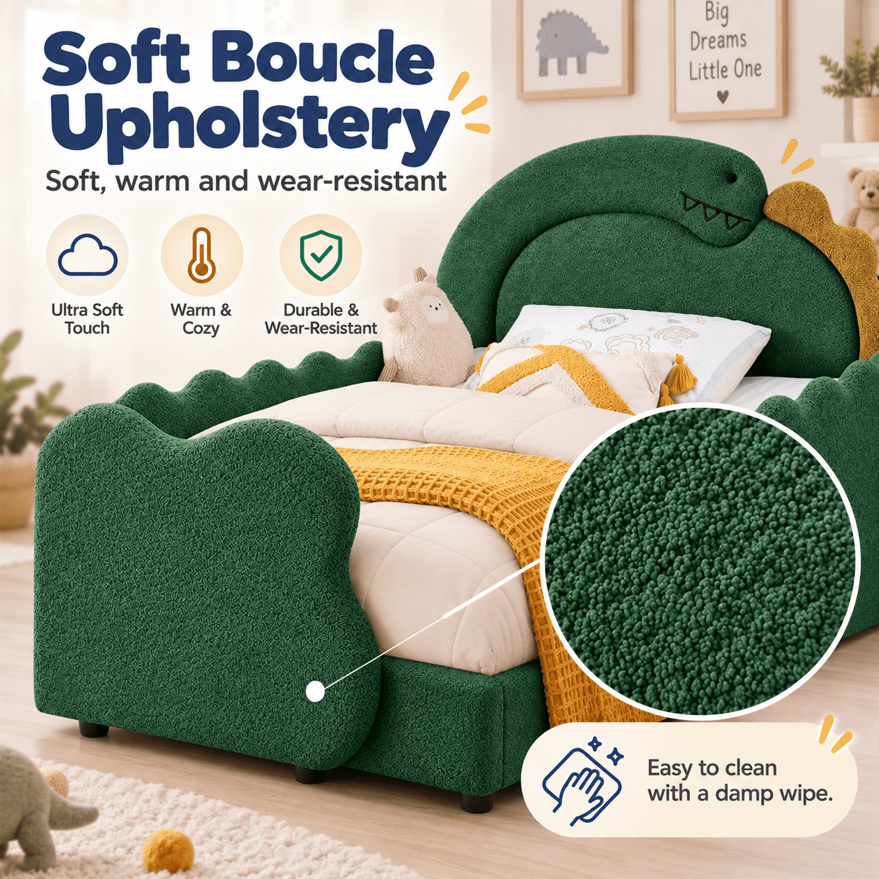 Wakefit Full Size Dinosaur Bed for Kids with Safety Guardrails,Boucle Upholstered Platform Bed Frame with 3D Dinosaur Headboard,Floor Bed for Boys & Girls,No Box Spring Needed,Green