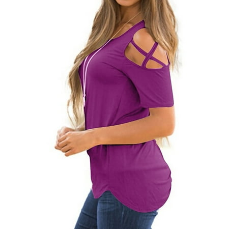 KBZDBZC Womens Blouses Casual Summer Blouses Tops Shoulder Women Short Cold Strappy Sleeve T Shirt Women s Blouse WomenS Blouses Tshirt for Women Womens Shirts (Purple XXL)