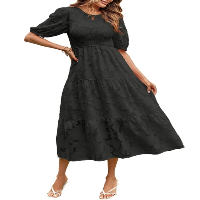 Femmes Été Bouffée Manches Robe Smocked Floral en Vrac Fluide Robe Haute Taille Dentelle Floral Étagé Midi Robe Bleu Ciel XL