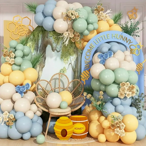 SKTMH 111pcs Sage Green Dusty Blue Yellow Cream Balloon Garland Arch Kit Birthday Wedding Party Decorations Jungle Balloon for Bridal Engagement Party Favor Graduation Retirement Baby Shower Garland