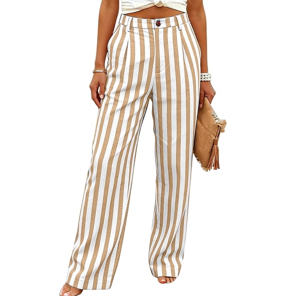Women's Cotton Elastic Waist Pants High Waisted Floral Striped Casual Summer Lightweight Wide Leg Pants with Pockets
