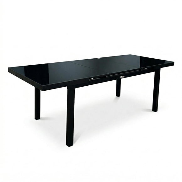 F. Corriveau International Jade Extendable Patio Dining Table 71" to 95" – Frosted Tempered Glass Top, Aluminum Frame, Black