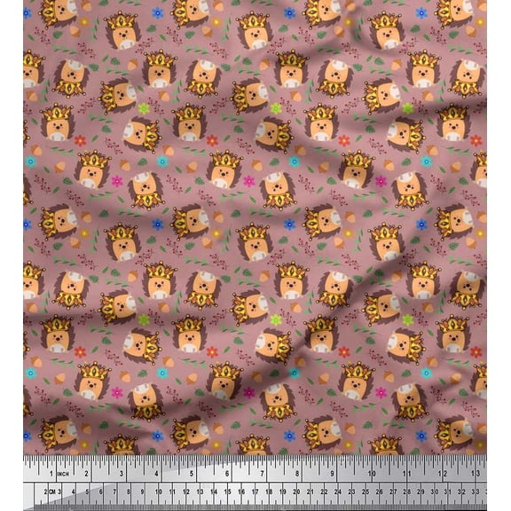 Soimoi Pink Velvet Fabric Leaves,Oaknut & Porcupine Cartoon Print Sewing Fabric BTY 58 Inch Wide