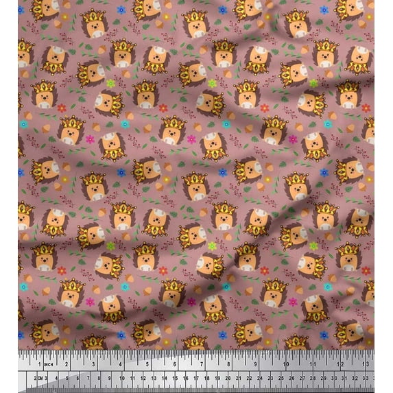 Soimoi Pink Georgette Viscose Fabric Leaves,Oaknut & Porcupine Cartoon Printed Fabric 1 Yard 42 Inch Wide