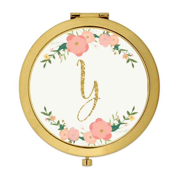 Koyal Wholesale Gold Compact Mirror Bridesmaid's Wedding Gift, Peach Pink Florals | Faux Gold Glitter, Monogram Y, 1-Pk