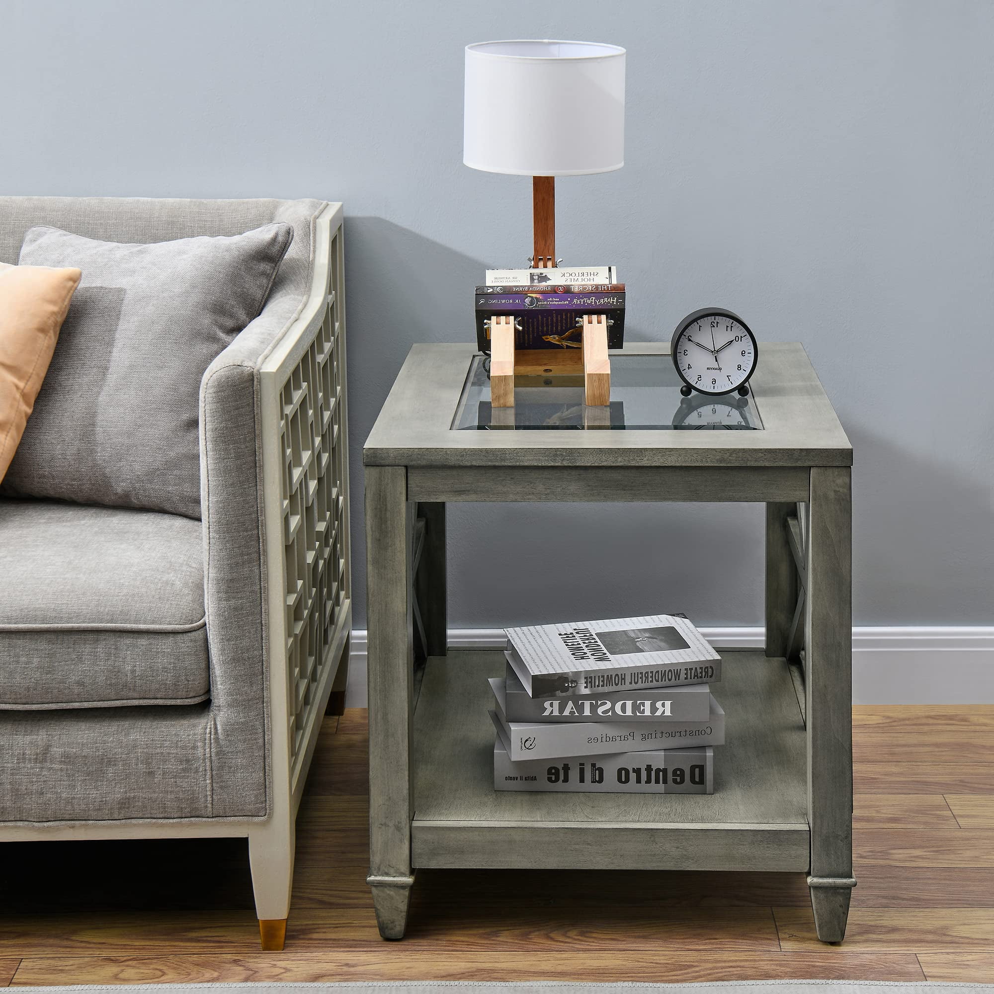 JESONVID Farmhouse End Table Living Room, Furniture Solid Wood Square Large Side Tables with Storage Chairside Coffee Table Tempered Glass Top Design Antique Gray