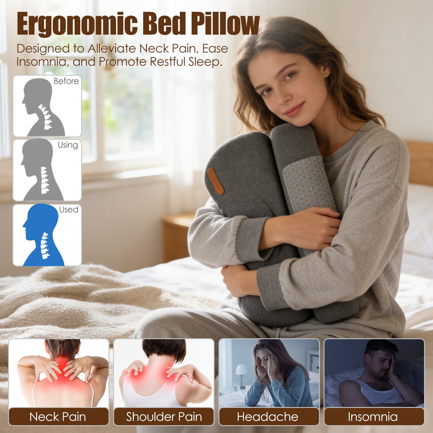 Moclever USB Heated Neck Pillow Zero Pressure Memory Foam Cervical Heated Bed Pillow with Eye Mask Adapter, Dark Grey
