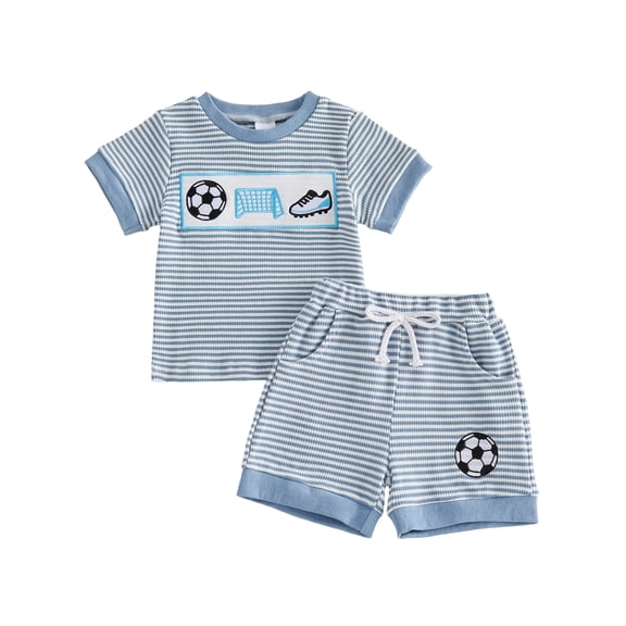 BemeyourBBs Toddler Baby Boy Football Outfit Infant Baby Boys Summer Clothes Waffled Striped Soccer Embroidered Short Sleeve T-Shirts and Pockets Shorts Set Toddler Baby Boys 2 Piece Summer Outfit