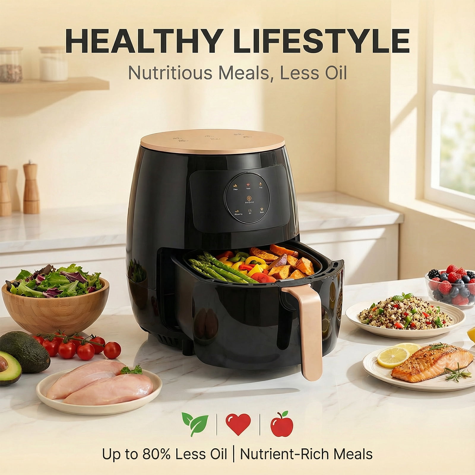 Air Fryer 5L , adjustable temperature up to 200°C, 0-60-minute timer, 7 preset menus, oil-free cooking, and 1350W power, ideal for families of 3-5 people.