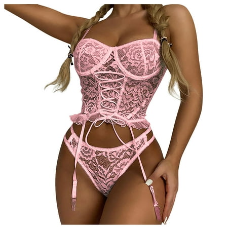 

BIZIZA Women Plus Size Bra and Panty Set Floral Two Piece Lace Sexy Lingerie Sets with Garter Belt Pink XXXL
