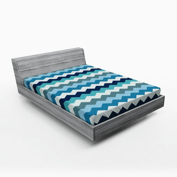 Ambesonne Aqua Fitted Sheet, Retro Zig Zag Stripes, Full Size, Pale Blue Navy Blue