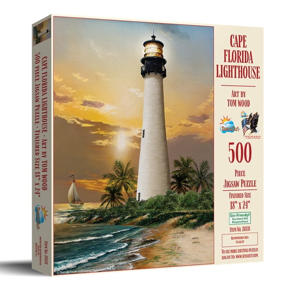 SUNSOUT INC - Cape Florida Lighthouse - 500 pc Jigsaw Puzzle by Artist: Tom Wood - Finished Size 18" x 24" - MPN# 28838
