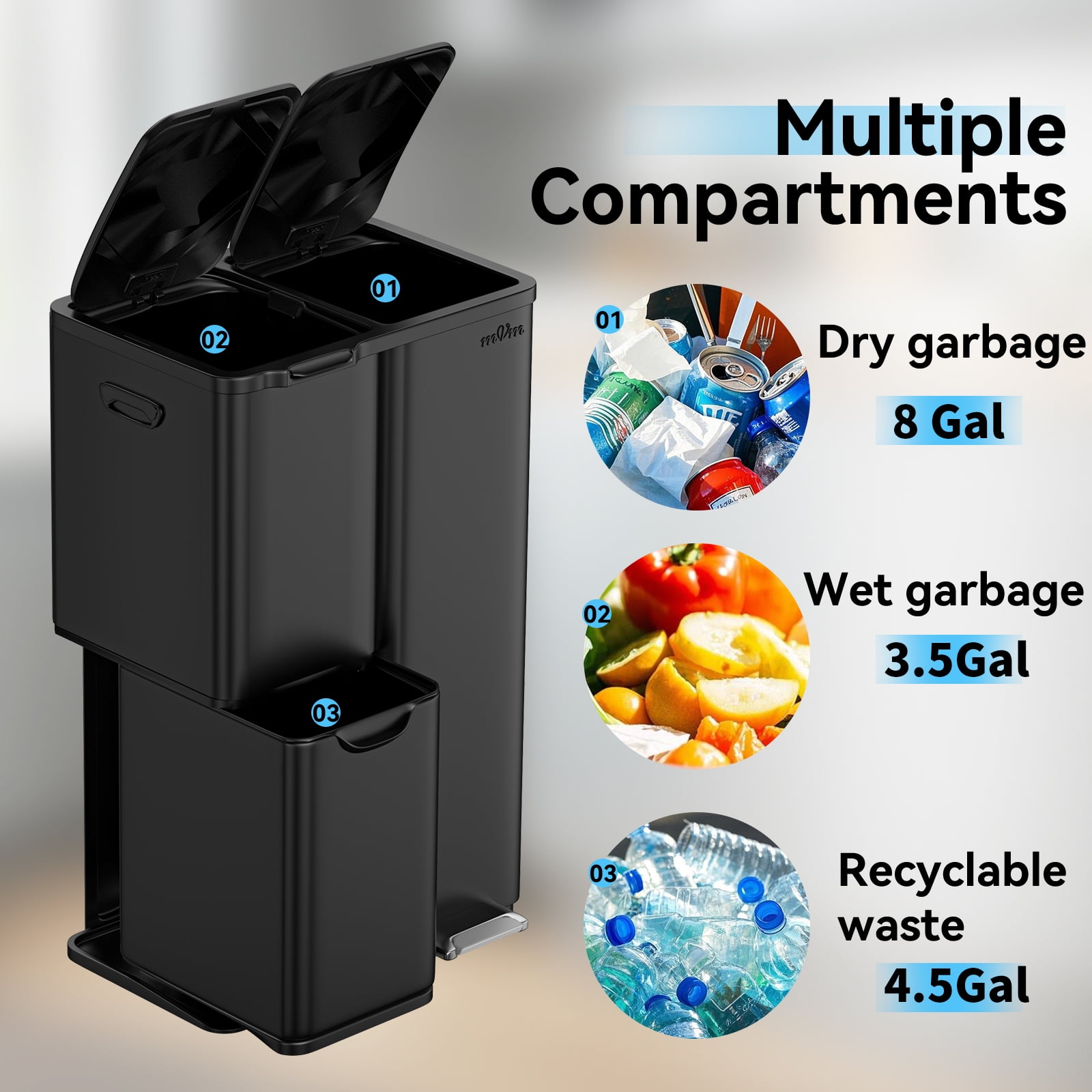 mVm 16 Gal 3 Compartment Kitchen Trash Can, Triple Stainless Steel Garbage Can, Heavy Duty Anti Fingerprint Recycling Bin for Office Home（Black）