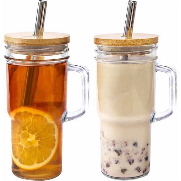 Xuet 24oz Glass Tumbler Cup with Handle, Bamboo Lid & Stainless Steel Straw, Reusable Iced Coffee Drinking Glass Mug, 2 Pack
