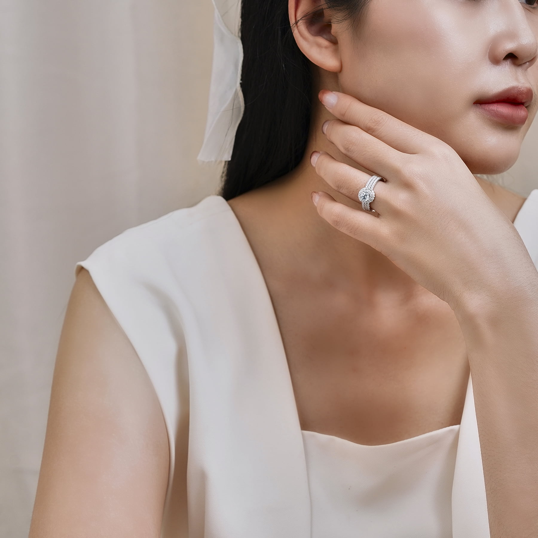 JeenMata 1 Carat Lab Grown Diamond Trio Wedding Ring Set - Round Cut Halo Statement Ring in 18K White Gold Plating for Women