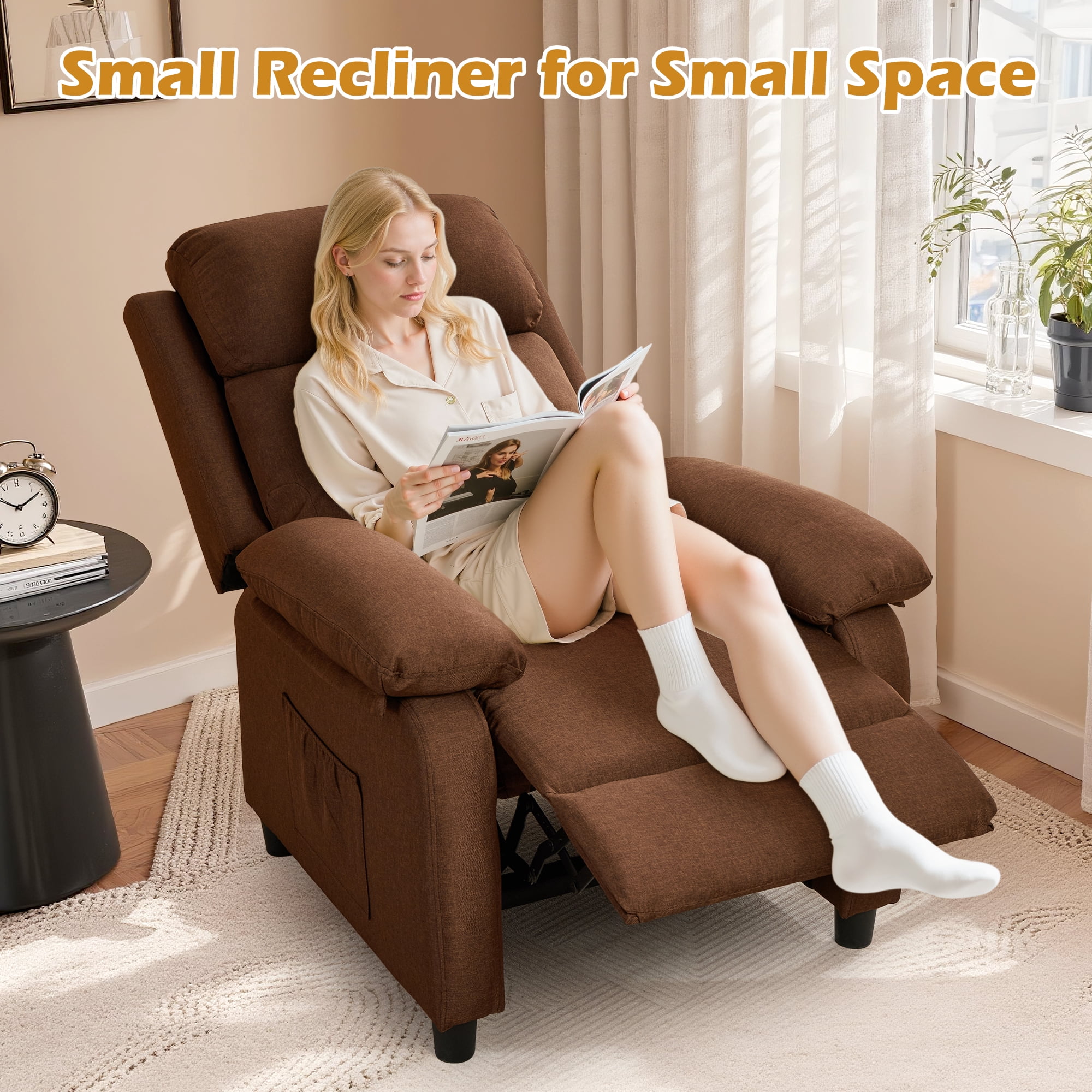 Korser Manual Push Back Recliner Chair with Side Pockets,Recliner Chairs for Adults for Living Room,Small Recliners for Small Spaces,Linen,Brown