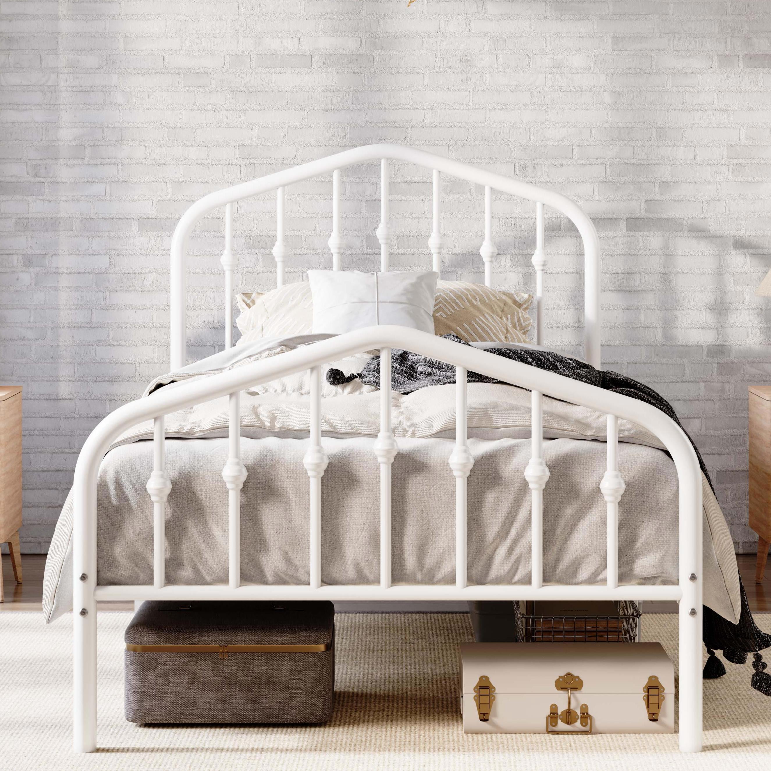 Amolife Twin Size Bed Frame, Heavy Duty Metal Platform Bed with Victorian Vintage Headboard & Footboard, White