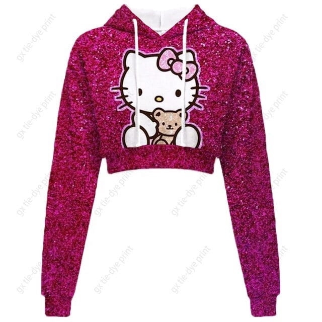 Hello Kitty Chandail en Molleton Court à Manches Longues pour Femmes, Motif, Chandail Noir, Chandail à Capuchon de Mode pour Femmes