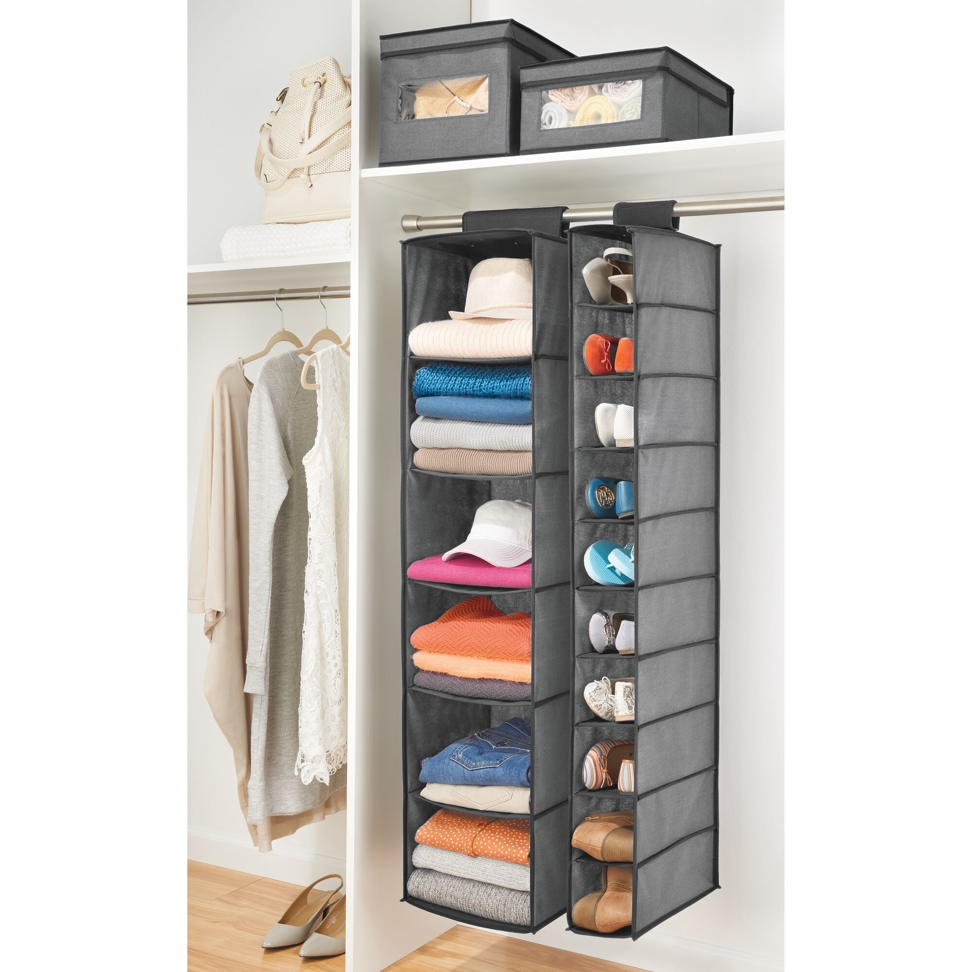 mDesign Soft Fabric Closet Organizer - Holds Shoes, Handbags, Clutches,  Accessories - 10 Shelf Over Rod Hanging Storage Unit - Textured Print - 2  Pack
