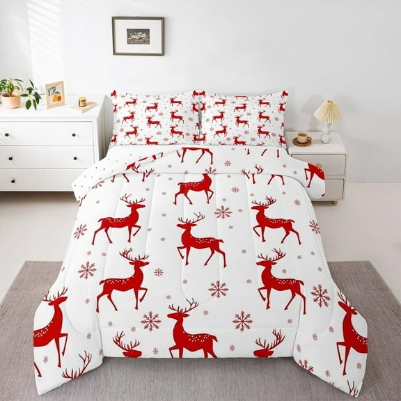 jejeloiu Wild Deer Bedding Comforter Set,Jungle Animal Twin Comforter Sets,Merry Christmas Snowflake Bedding Set For Girl,Red White Home Decor Reversible,2pcs