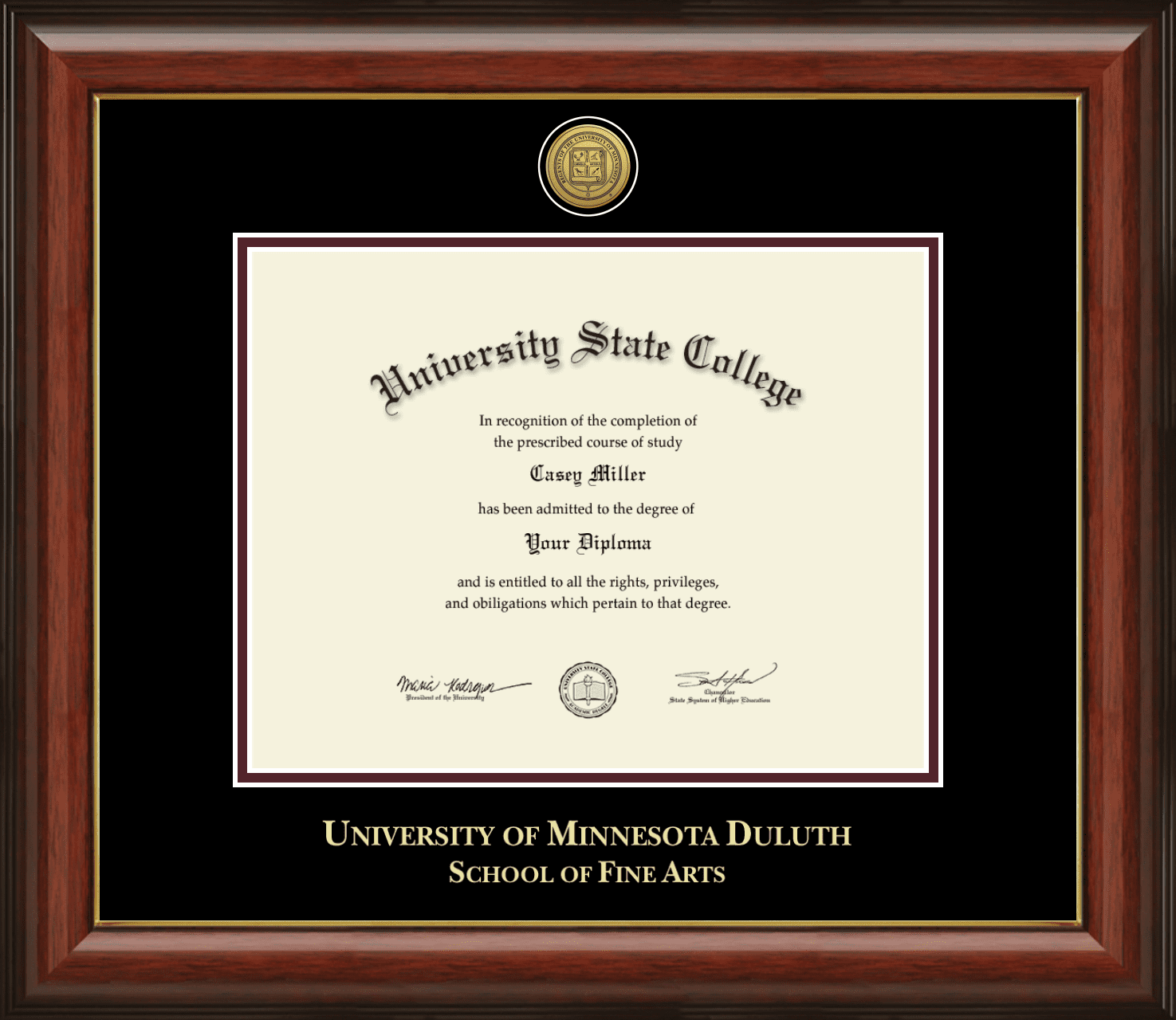 University of Minnesota Duluth School of Fine Arts Diploma Frame
