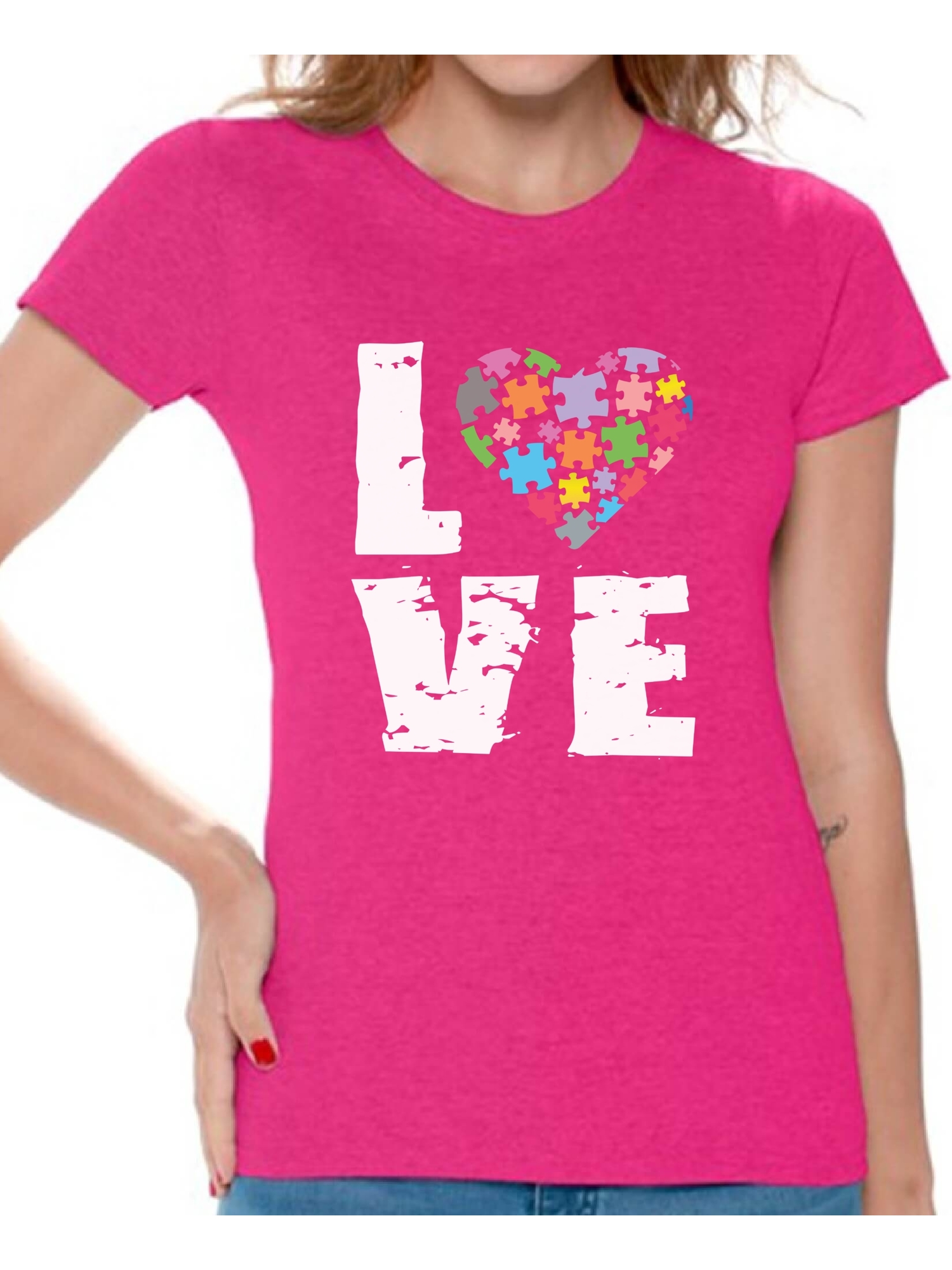 Awkward Styles Women's Love Puzzles Autism Awareness Graphic T-shirt Tops Autistic Support - image 1 of 4