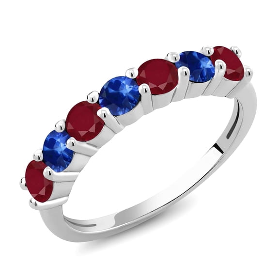 Gem Stone King 925 Sterling Silver Round Red Ruby Blue Sapphire Anniversary Ring for Women (1.66 Cttw, Gemstone Birthstone, Size 9) (Size 9)