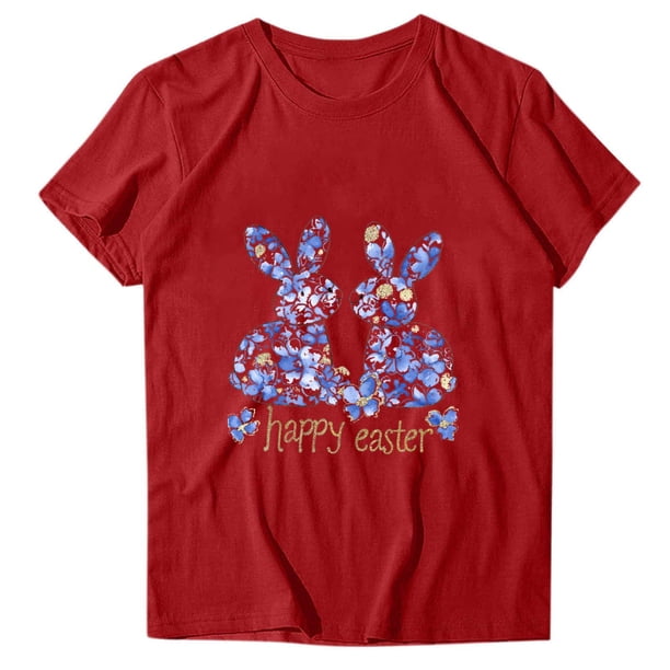Camisetas de Manga Larga de las Mujeres Estampado de Pascua Cuello Redondo Suelto Casual Blusa Primavera Verano Top