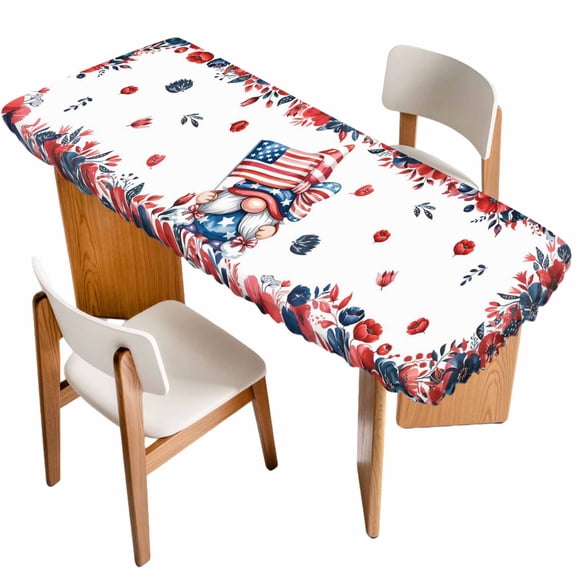 Independence Day Table Cloths for 8 Foot Rectangle Tables, Gnomes American Flag Red Blue Flowers Patio Waterproof Elastic Fitted Tablecloths, Washable Rectangular Table Cover for Camping