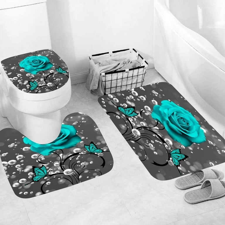 4 PCS Bathroom Shower Curtain Set Waterproof Dark Blue Rose Valentine s Day Shower Curtain Sets with Rugs Bath Mat Pedestal Rug and Toilet Lid Cover