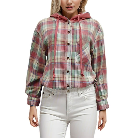 SWSMCLT Women's Soft Hoodie Fall Button Down Shirt Plaid Printed Cotton Casual Fashion Split Spring Long Sleeve Sweatshirt Red Medium