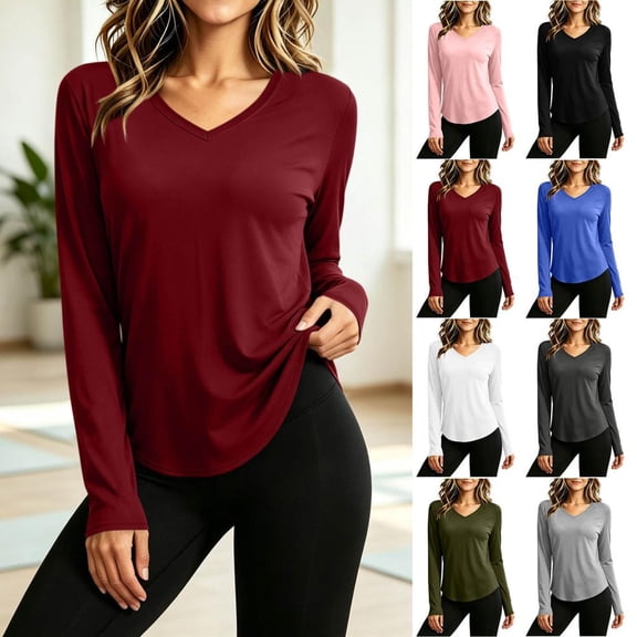 Bxsruta Womens V Neck Tops Long Sleeve Athletic Shirts Running Workout Tees