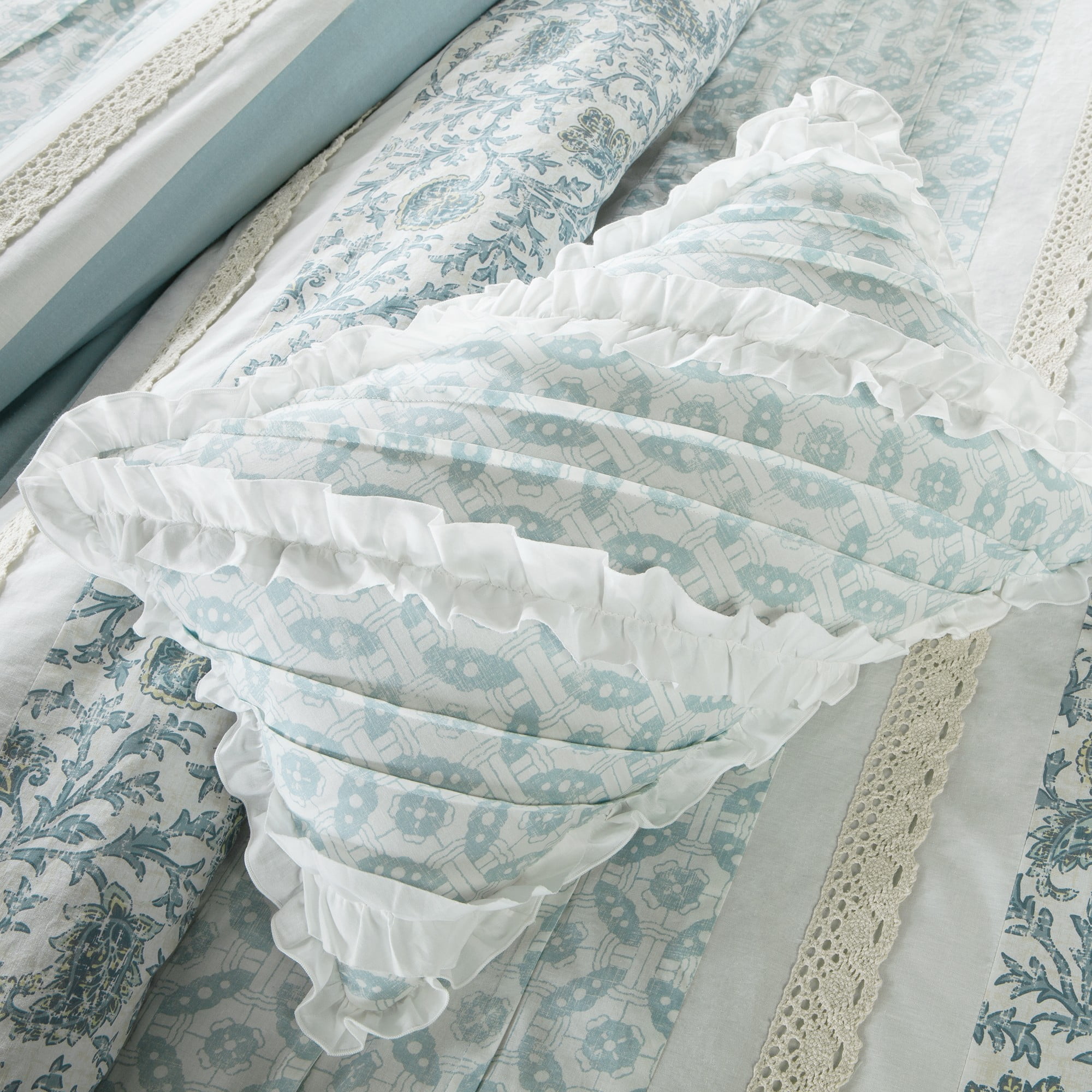 Madison Park King Size Comforter Set with Lace Taping Pintucked, Bedroom, Aqua, 9-Piece
