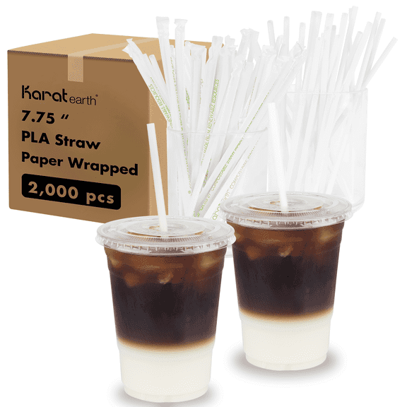 Karat Earth [2,000 ct] Jumbo PLA Straws, Individually Wrapped, 7.75" x 5mm, White
