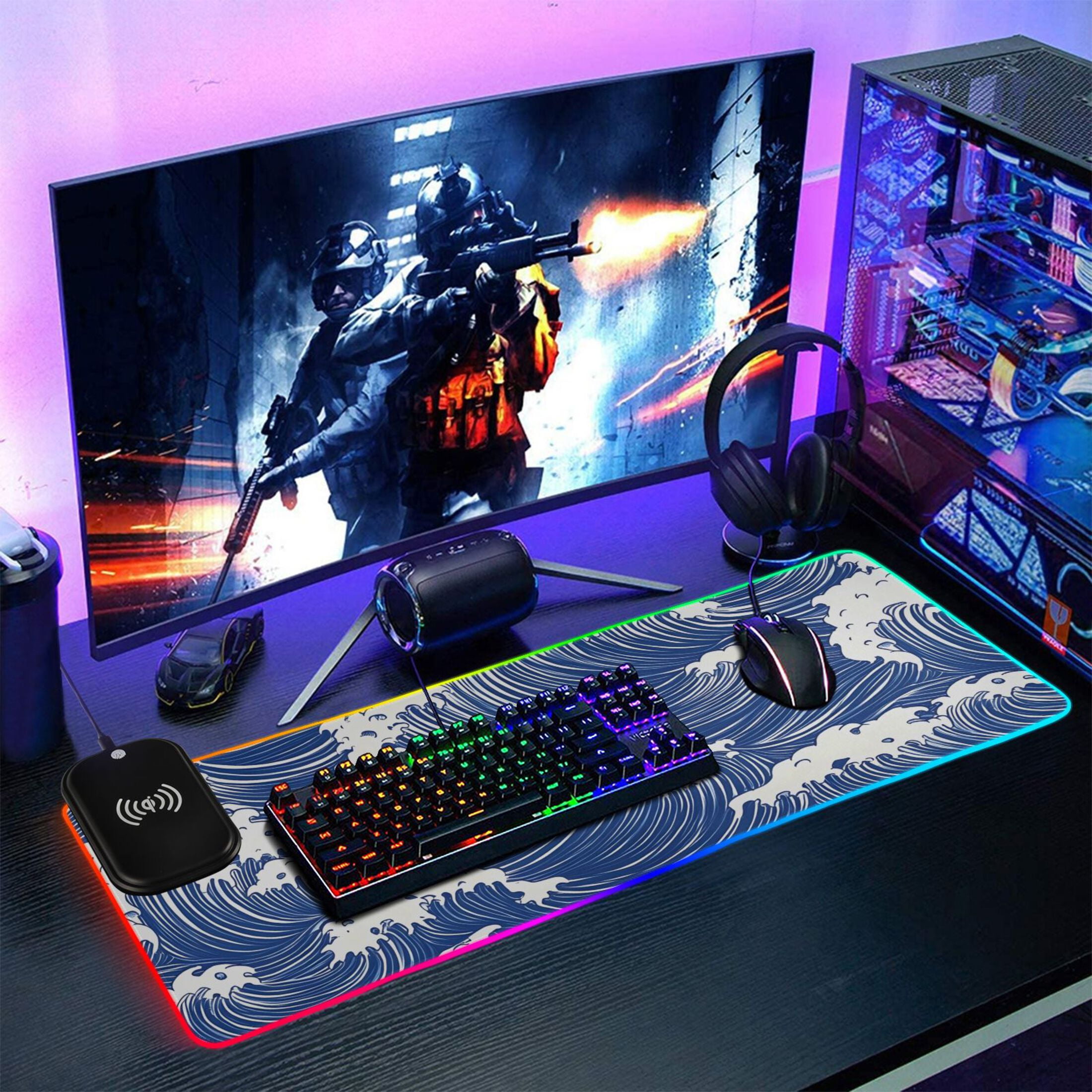 RGB Gaming Mouse Pad 15W Wireless Charging Large Waterproof Desk Mat 13 Light Modes Mousepad 35.4x15.7 Blue White Wave