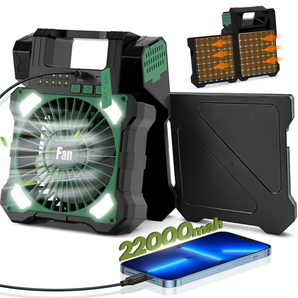 Ventilador solar para camping Maraiss de 22000 mAh con luz LED de 5 velocidades