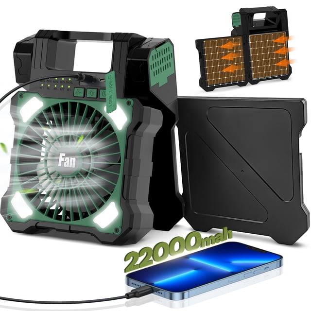 Ventilador solar para camping Maraiss de 22000 mAh con luz LED de 5 velocidades