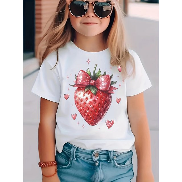 SCKMEU Cute Strawberry Print T-Shirt with Bow Detail - Girls' Round Neck Short Sleeve Top, Perfect for Daily Wear & Outdoor Activities, Strawberry Themed Item