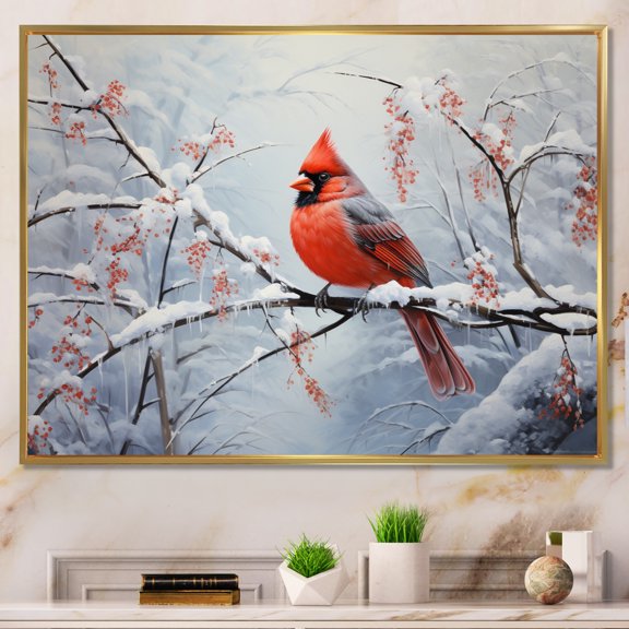 Designart "Winter Wonderland Cardinal Red Bird in Canada IV" Animals Floater Framed Canvas Art Print