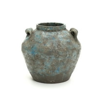 LuxenHome Antiqued Blue & Brown Terracotta Vase with Handles, 11" Round Farmhouse Vintage Pottery