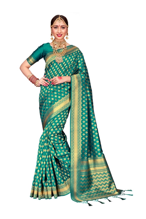 Sarees For Women Banarasi Art Silk Woven Saree l Indian Wedding Traditional Wear Sari and Blouse Teal One Size