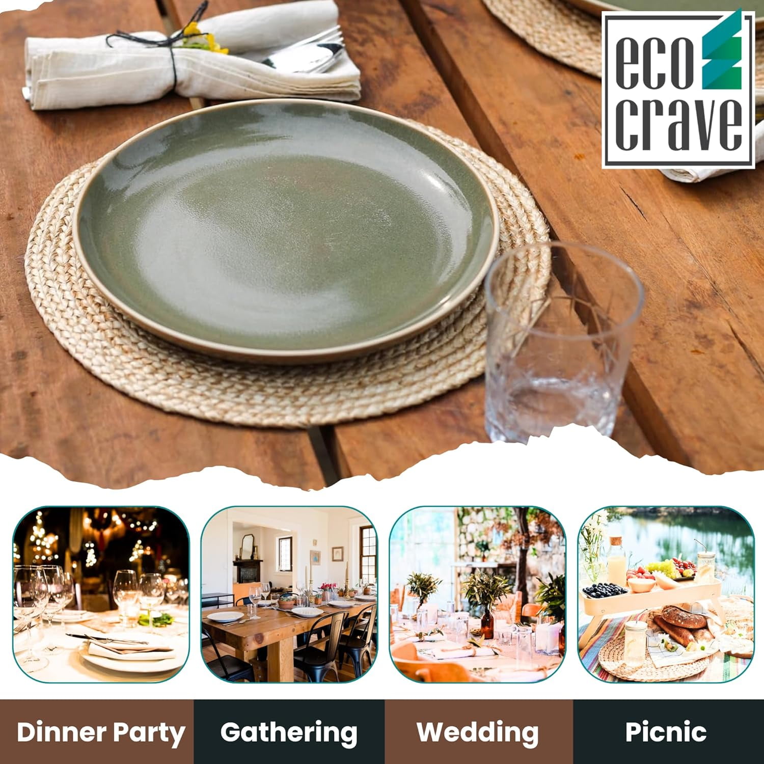 Woven Round Jute Placemats Set of 8 – Boho Farmhouse 100% Natural Non-Slip Handwoven Place Mats for Dining Table, Kitchen, Décor, and Events