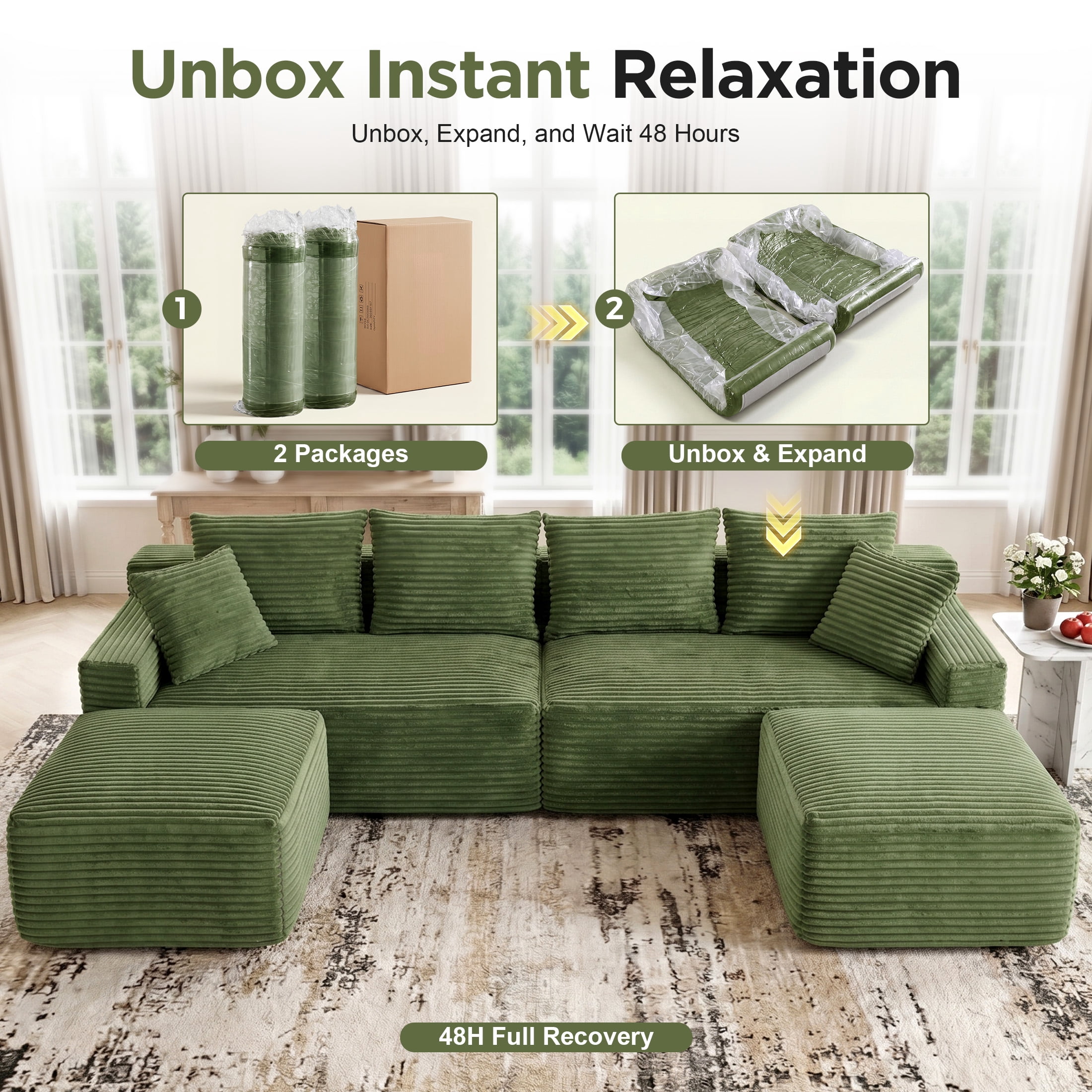 Aenkyo 115" Corduroy U-Shaped Modular Sectional Sofa with 2 Ottomans, 4-Seater, Green