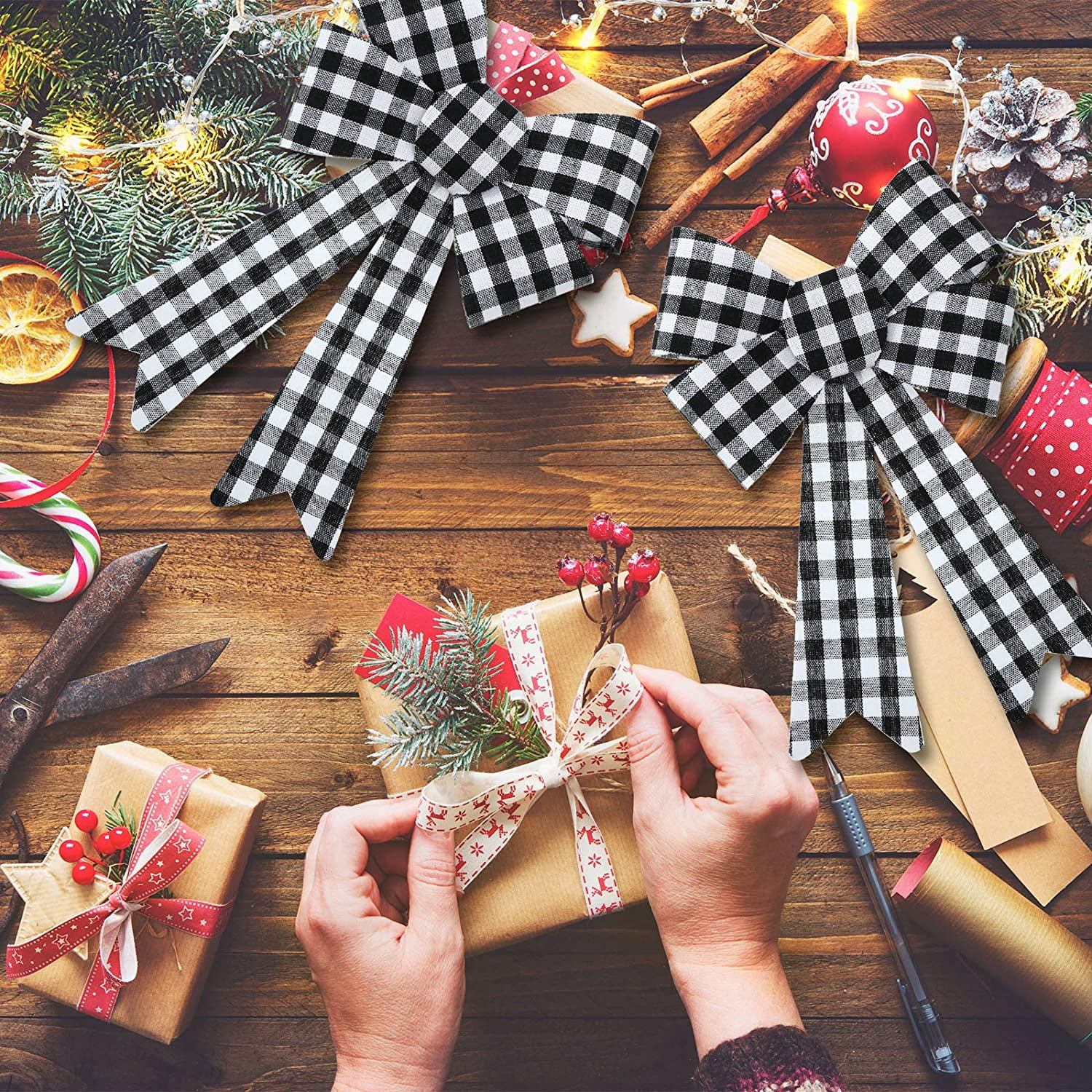 6 Pack Christmas Plaid Bows Set Buffalo Check Bow Decoration for Xmas Tree Home Decor - Black and White