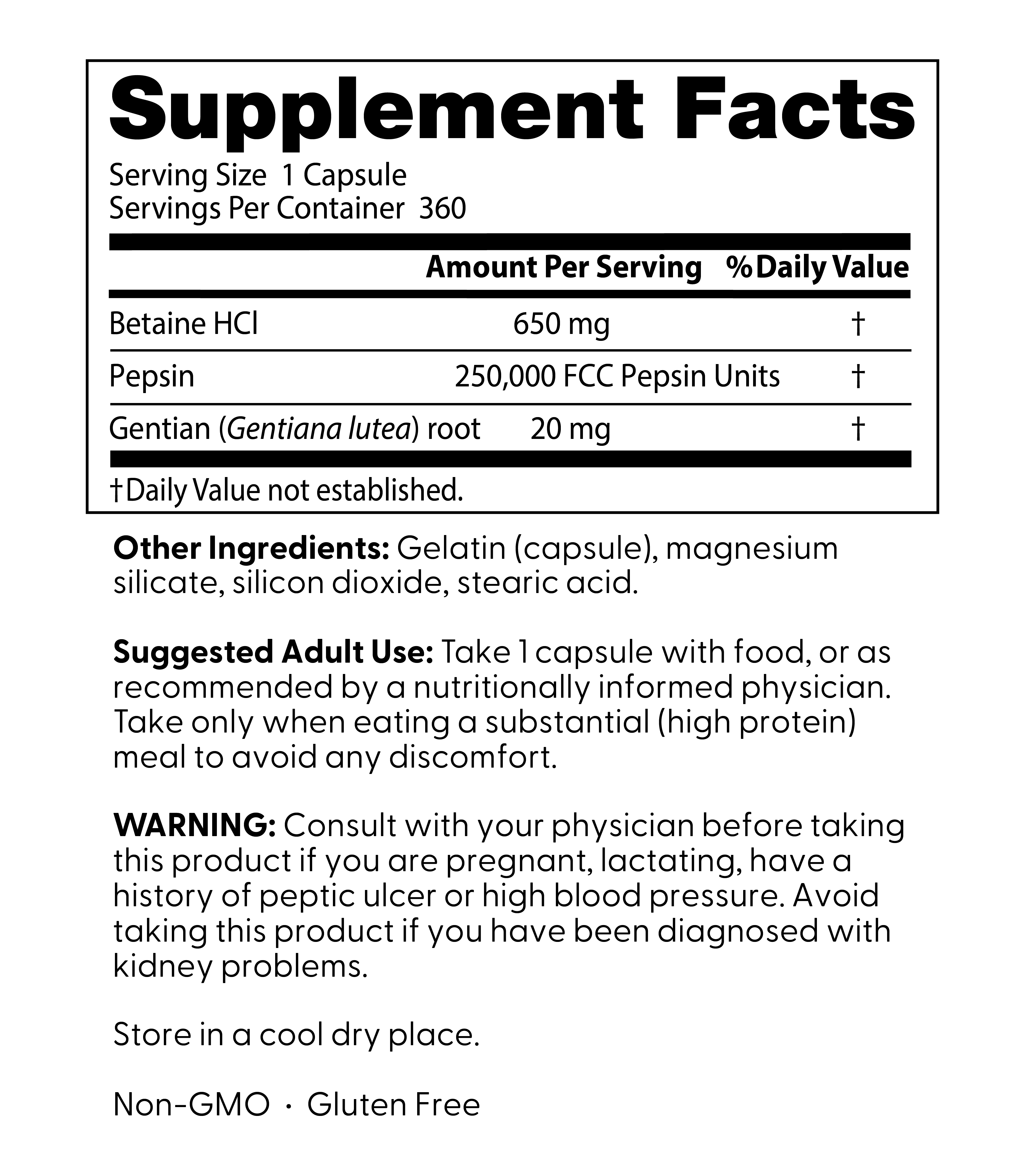 Doctor's Best Betaine HCI Pepsin and Gentian Bitters, Non-GMO, Gluten Free, Digestion Support, 360 Caps